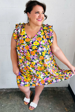 Indigo & Lemon Floral Babydoll Ruffle Dress - Coeur de la Mode