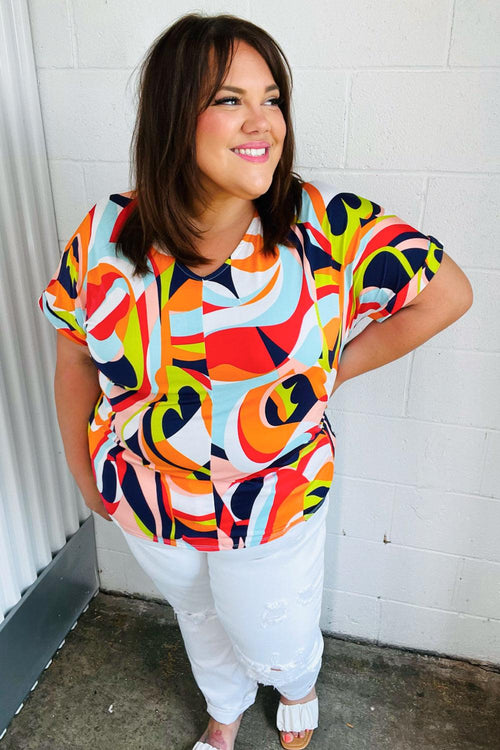 Orange Geometric V Neck Drop Shoulder Top - Coeur de la Mode