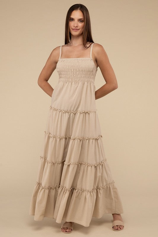 Woven Smocked Top Tiered Cami Maxi Dress - Coeur de la Mode