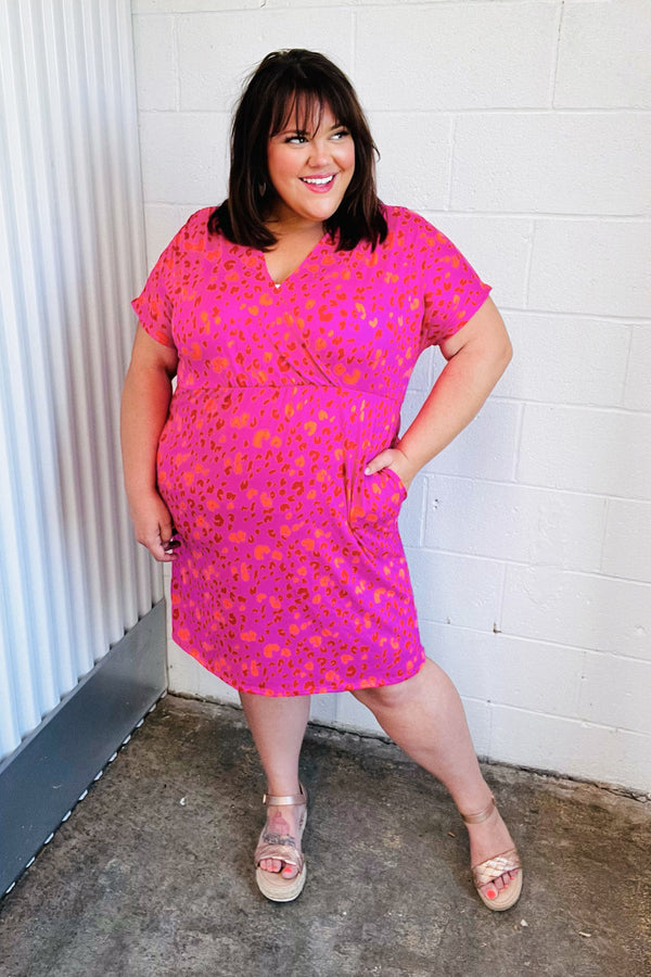 Rose Leopard Surplice V Neck Pocketed Dress - Coeur de la Mode