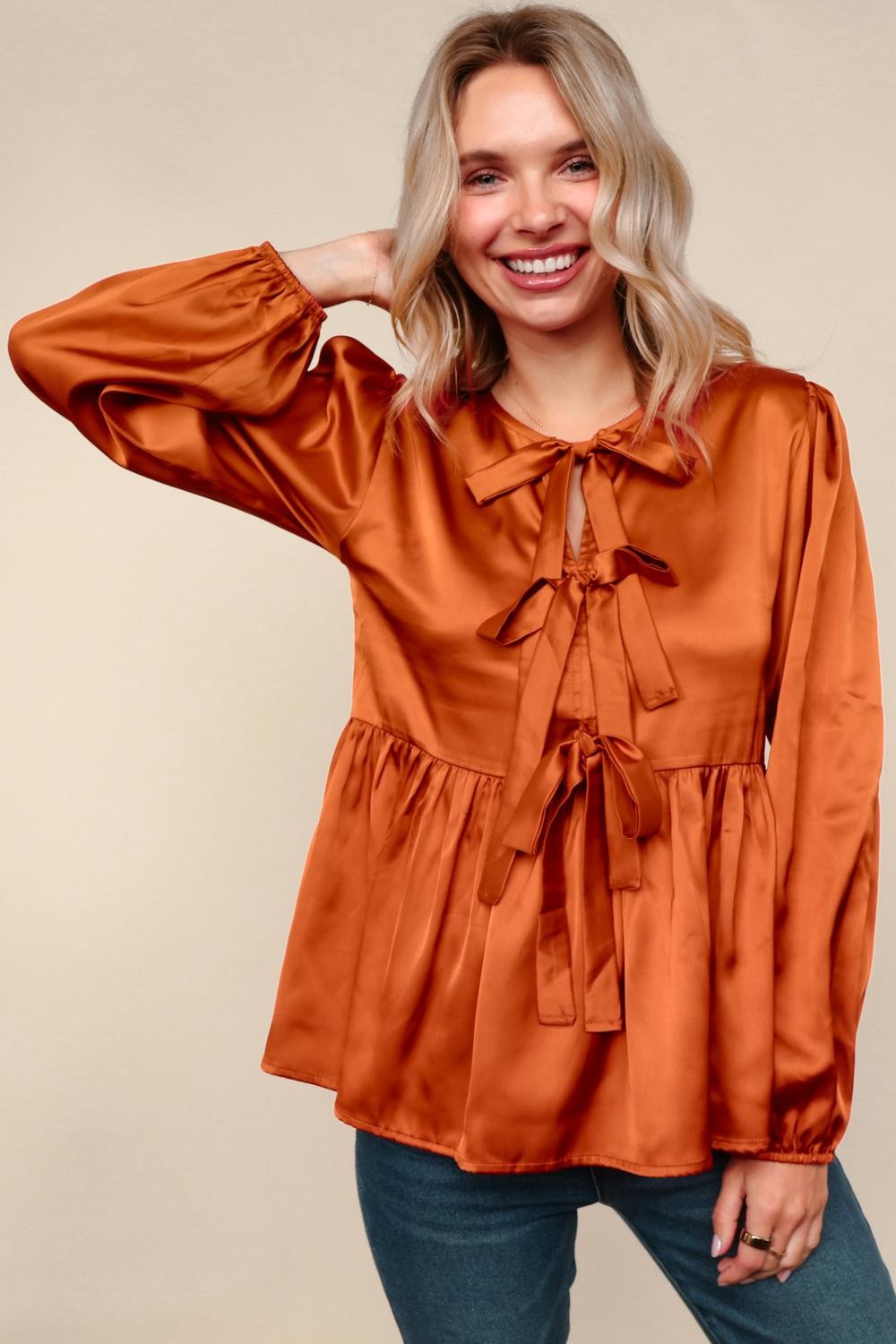 Tied Up in Style Rust Ribbon Blouse