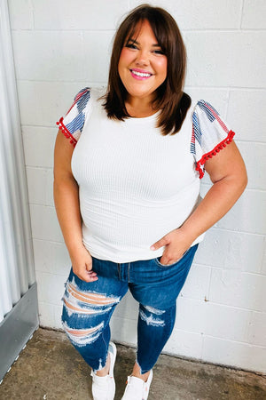 Patriotic Pom Pom Lace Flutter Sleeve Top - Coeur de la Mode