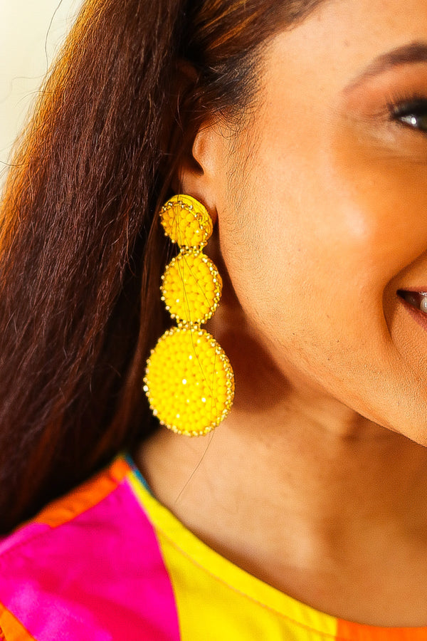 Yellow Beaded Round Pendant Earrings - Coeur de la Mode