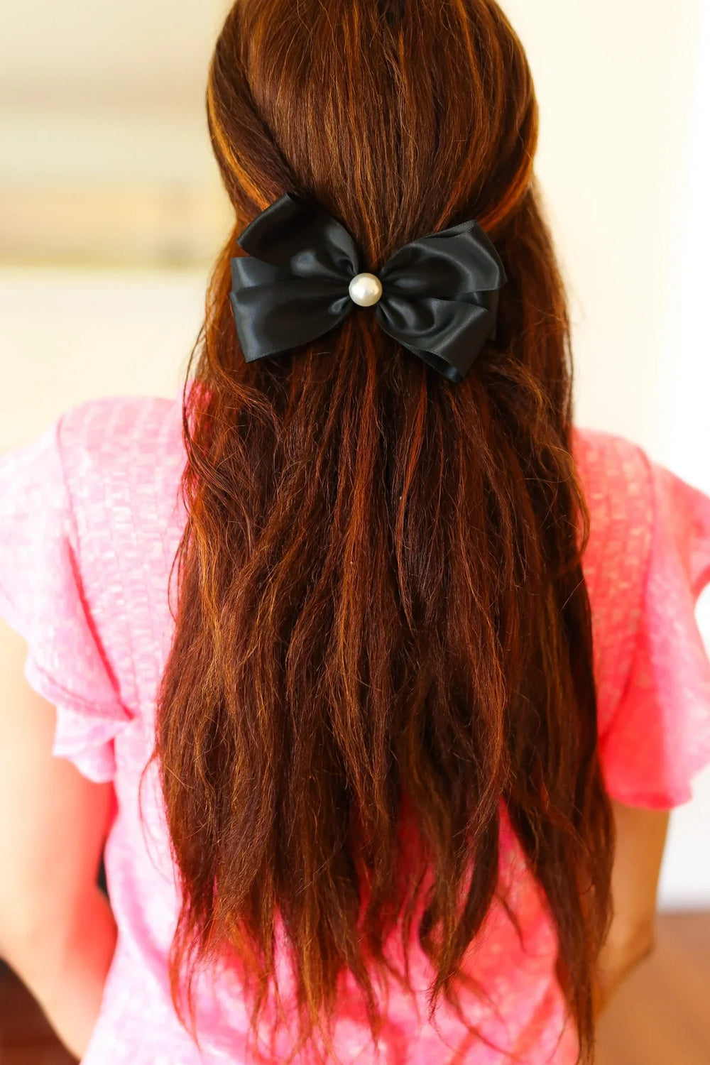 Black Satin Pearl Detail Coquette Bow - Coeur de la Mode