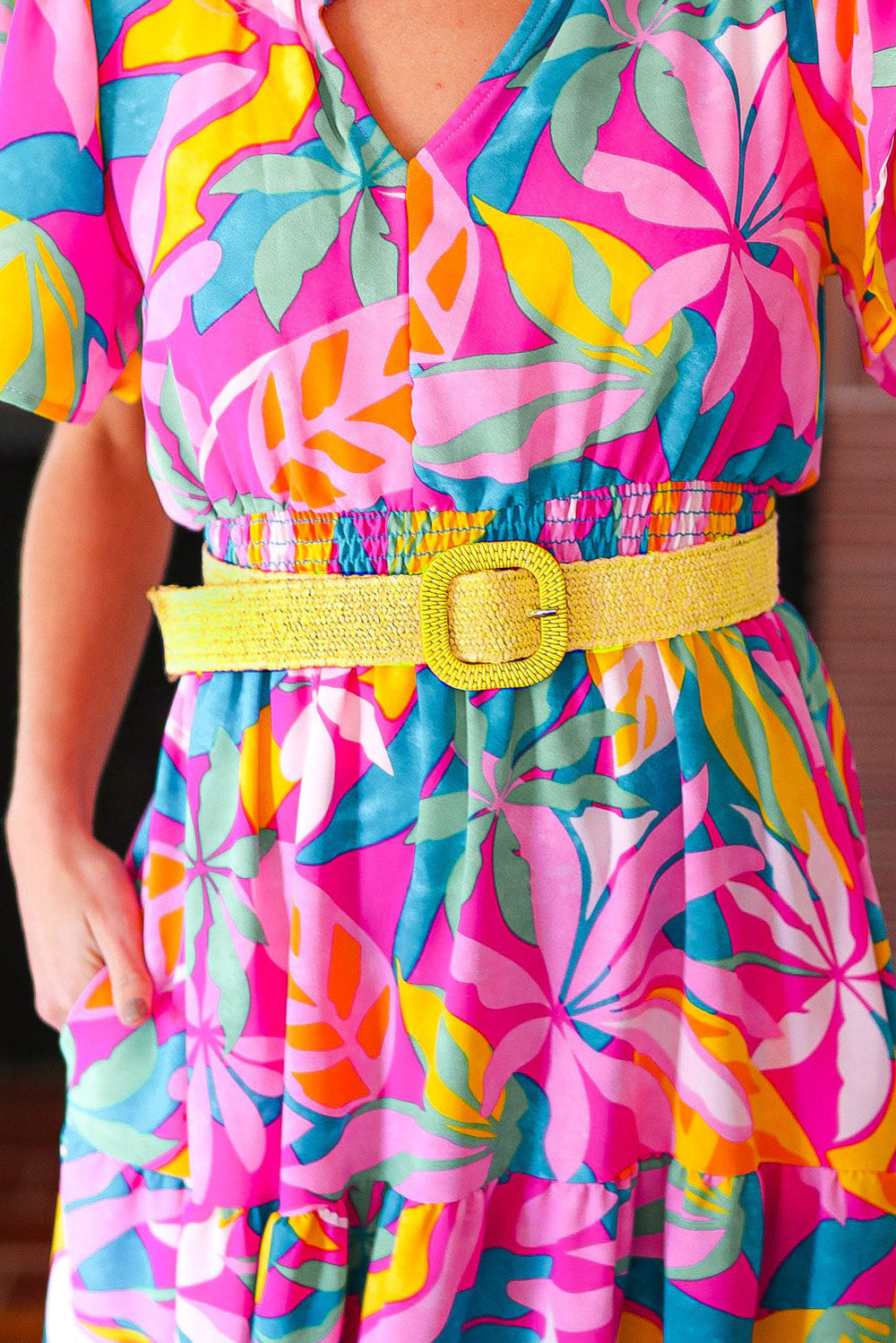 Yellow Woven Square Buckle Stretchy Belt - Coeur de la Mode