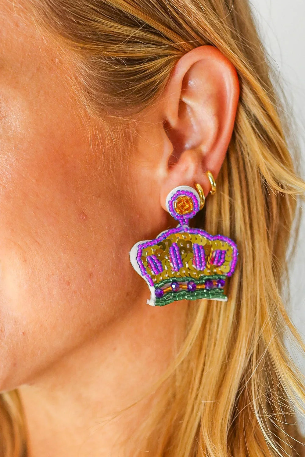 Mardi Gras Sequin & Beaded Crown Dangle Earrings - Coeur de la Mode