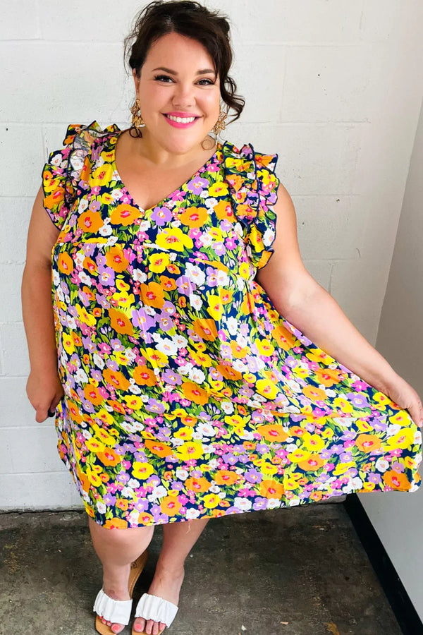 Indigo & Lemon Floral Babydoll Ruffle Dress - Coeur de la Mode