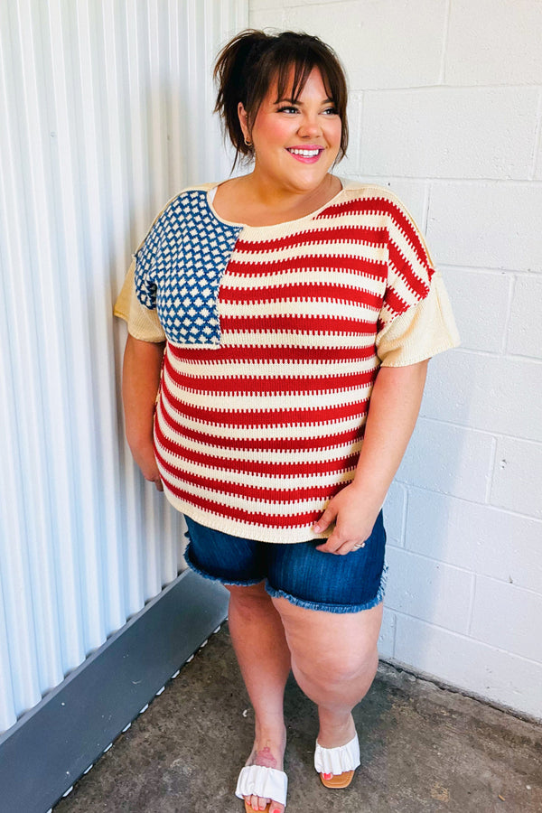 American Flag Jacquard Knit Sweater Top - Coeur de la Mode
