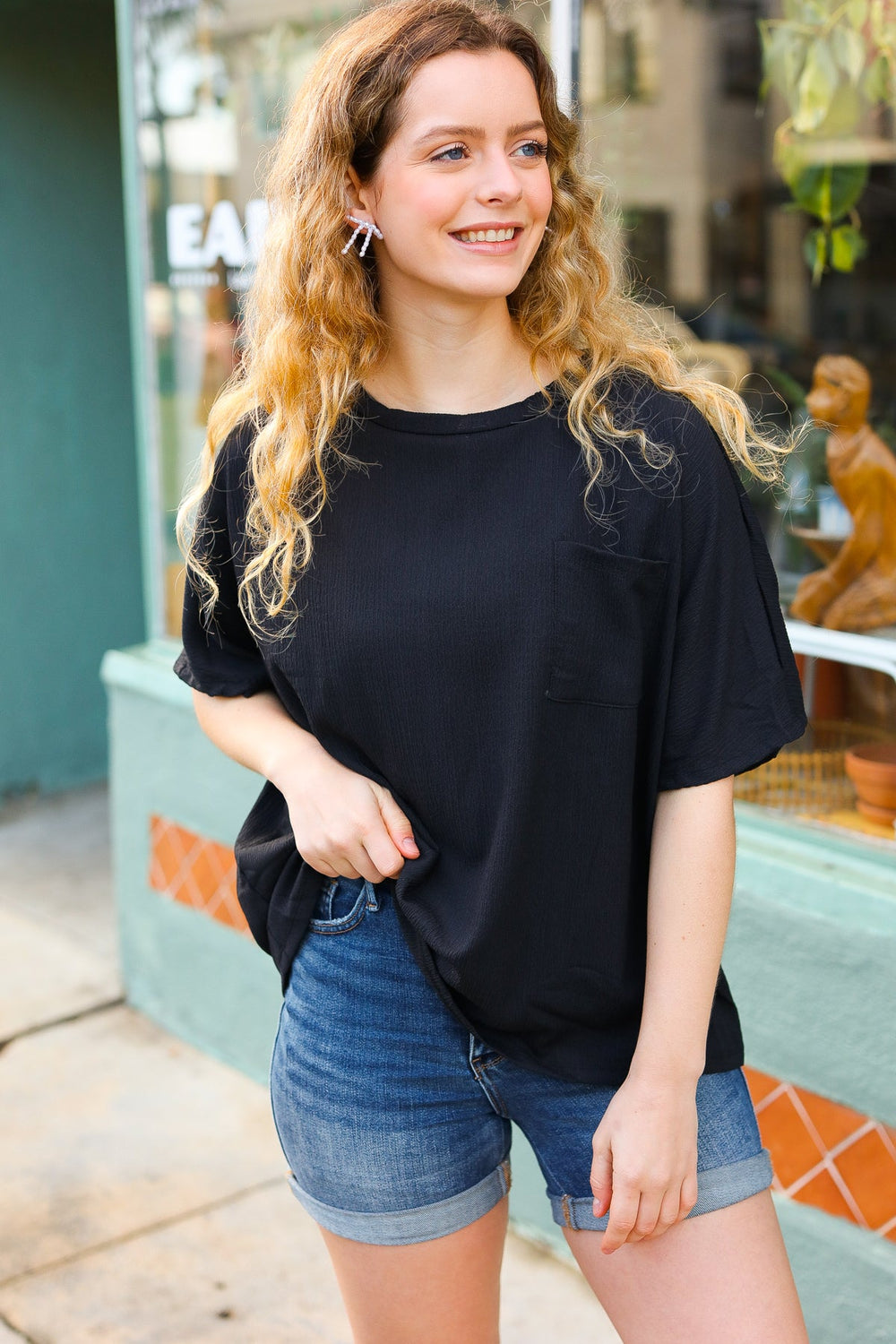 Be Bold Black Crinkle Texture Pocketed Dolman Top - Coeur de la Mode
