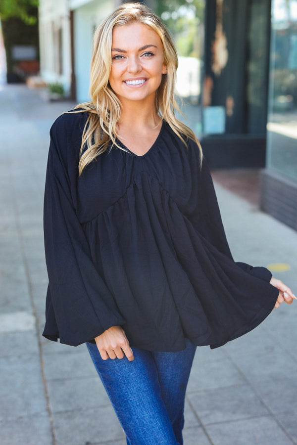 Simple Elegance Black V Neck Babydoll Woven Top - Coeur de la Mode