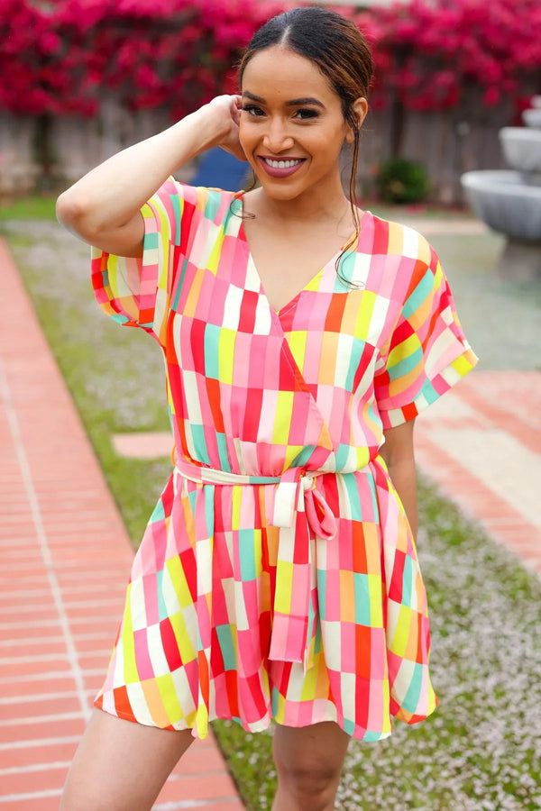 Eyes On You Coral Geo Abstract Surplice Woven Romper - Coeur de la Mode