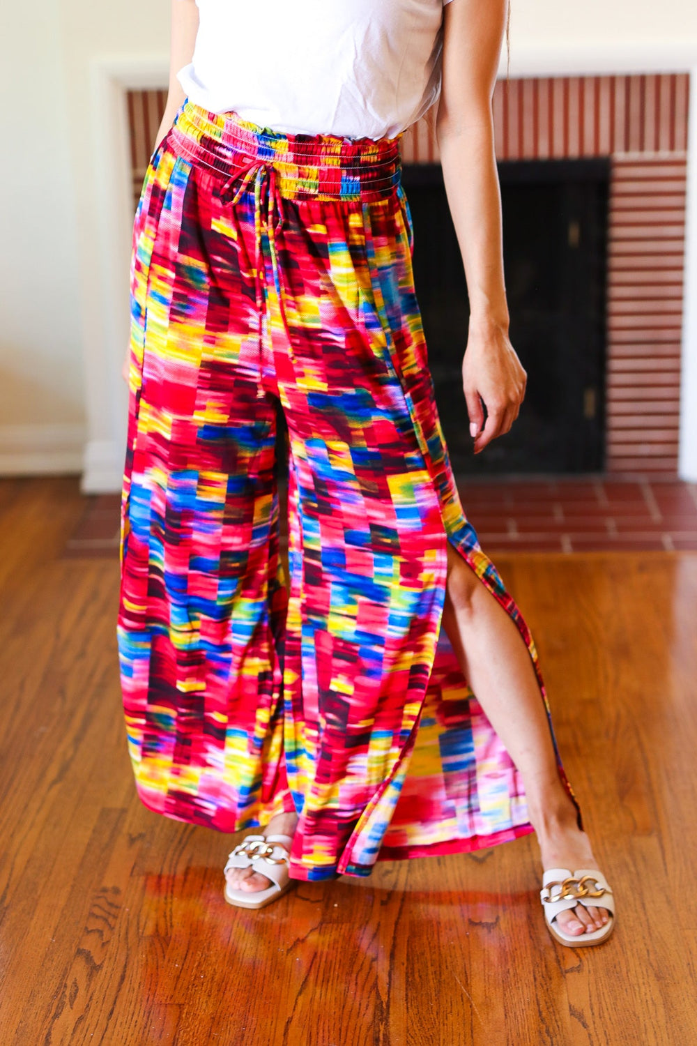 Vacay Vibes Kaleidoscope Smocked Waist Side Slit Palazzo Pants - Coeur de la Mode
