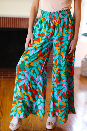 Summer Vibes Green & Orange Abstract Print Smocked Palazzo Pants - Coeur de la Mode