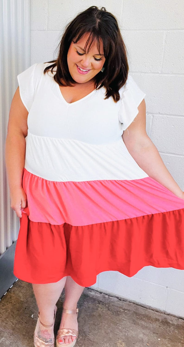 Peach & Cherry Red Tiered Frill Sleeve Midi Dress - Coeur de la Mode