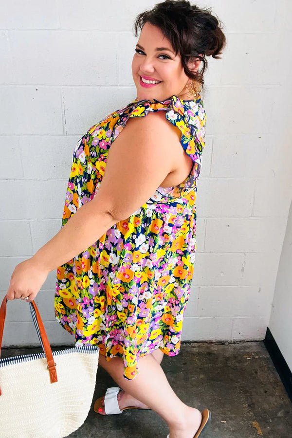 Indigo & Lemon Floral Babydoll Ruffle Dress - Coeur de la Mode