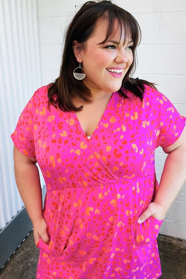 Rose Leopard Surplice V Neck Pocketed Dress - Coeur de la Mode