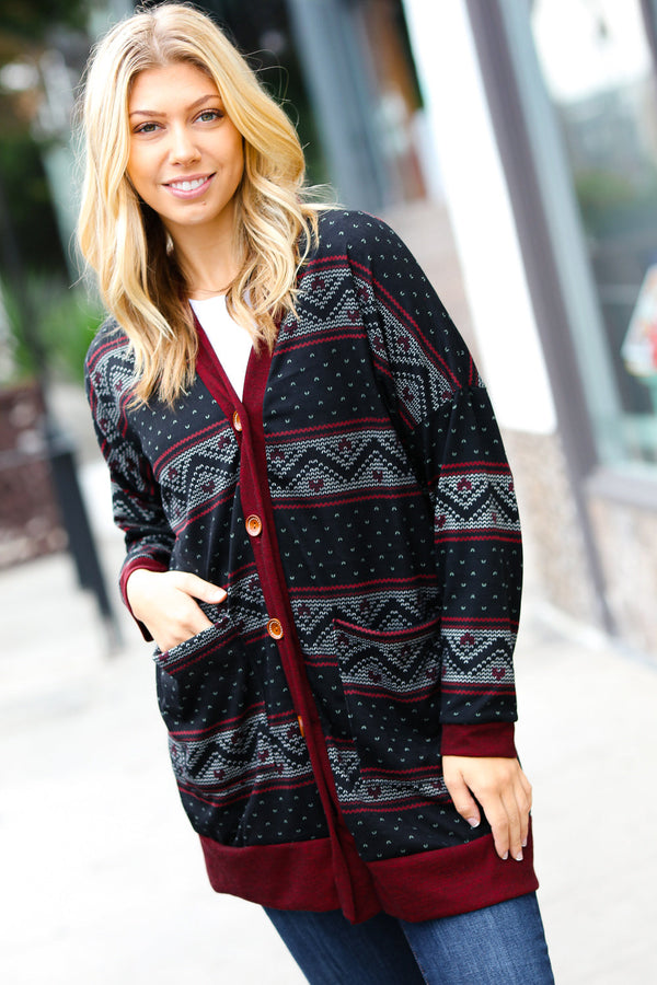 Classic Burgundy Holiday Print Button Cardigan - Coeur de la Mode
