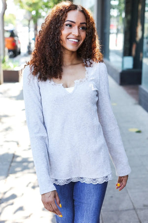 Feels Like Love Grey Lace Trim Rib Long Sleeve Top - Coeur de la Mode