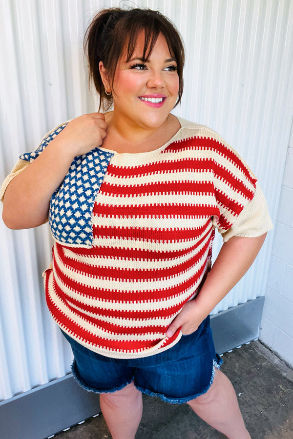 American Flag Jacquard Knit Sweater Top - Coeur de la Mode