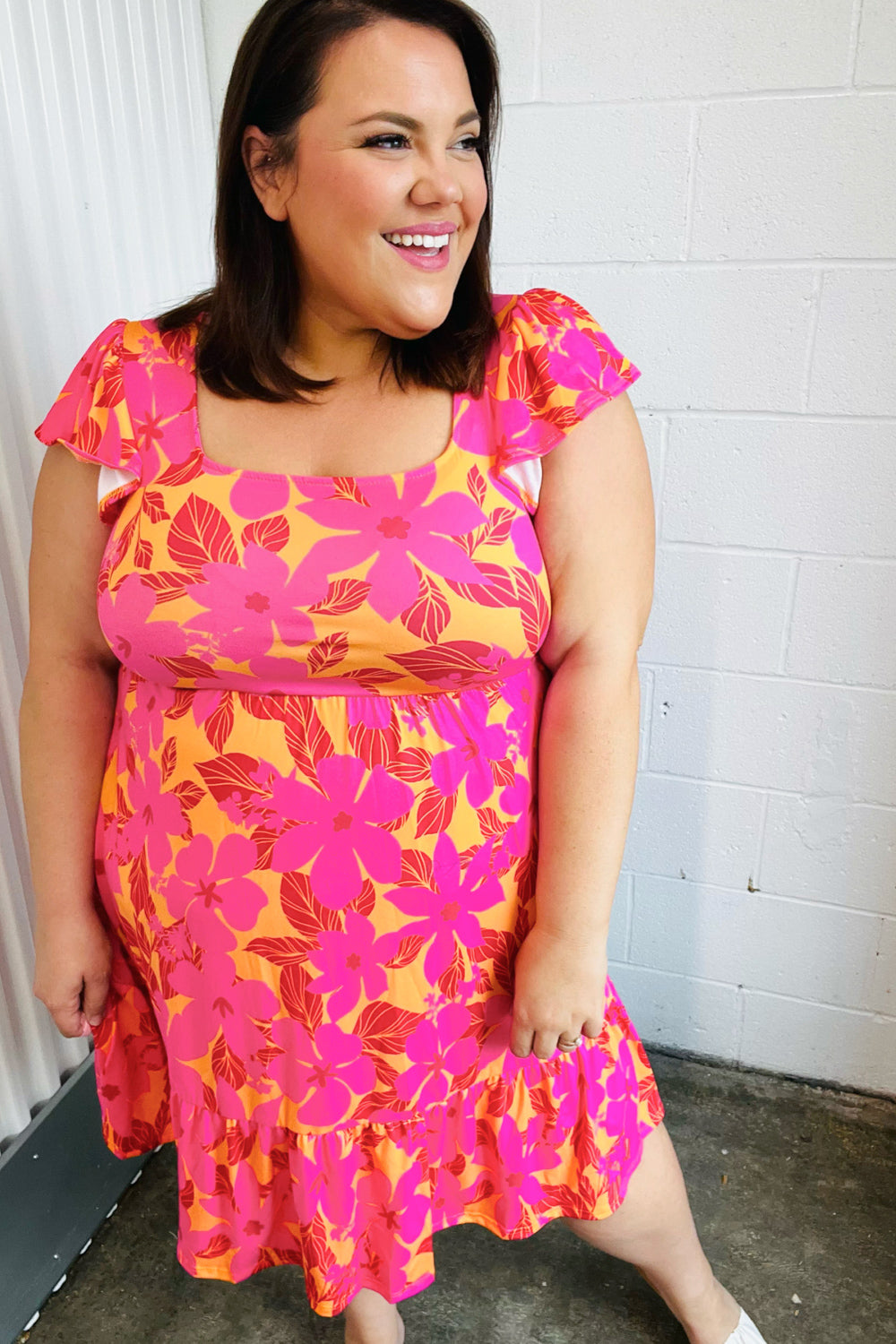 Fuchsia & Orange Tropical Floral Square Neck Dress - Coeur de la Mode