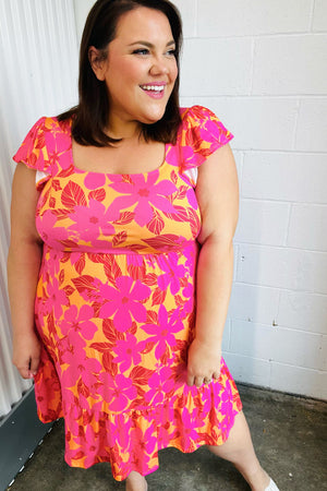 Fuchsia & Orange Tropical Floral Square Neck Dress - Coeur de la Mode