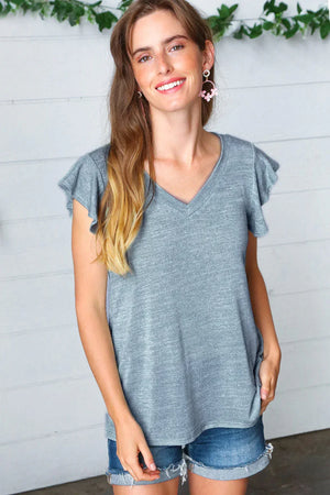 Denim Two Tone V Neck Ruffle Sleeve Top - Coeur de la Mode