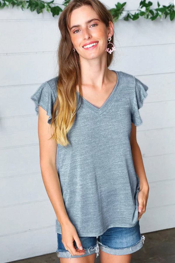 Denim Two Tone V Neck Ruffle Sleeve Top - Coeur de la Mode