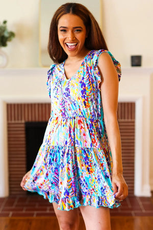 Just for Fun Aqua Floral V Neck Ruffle Sleeve & Hem Dress - Coeur de la Mode