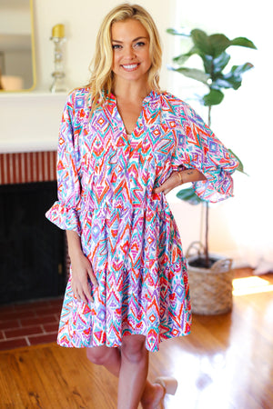 Love Found Blue & Lavender Ikat Print V Neck Dress - Coeur de la Mode