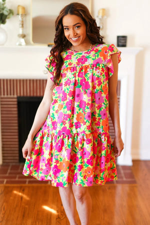 Be Charming Lime & Pink Floral Print Tiered Ruffle Sleeve Dress - Coeur de la Mode