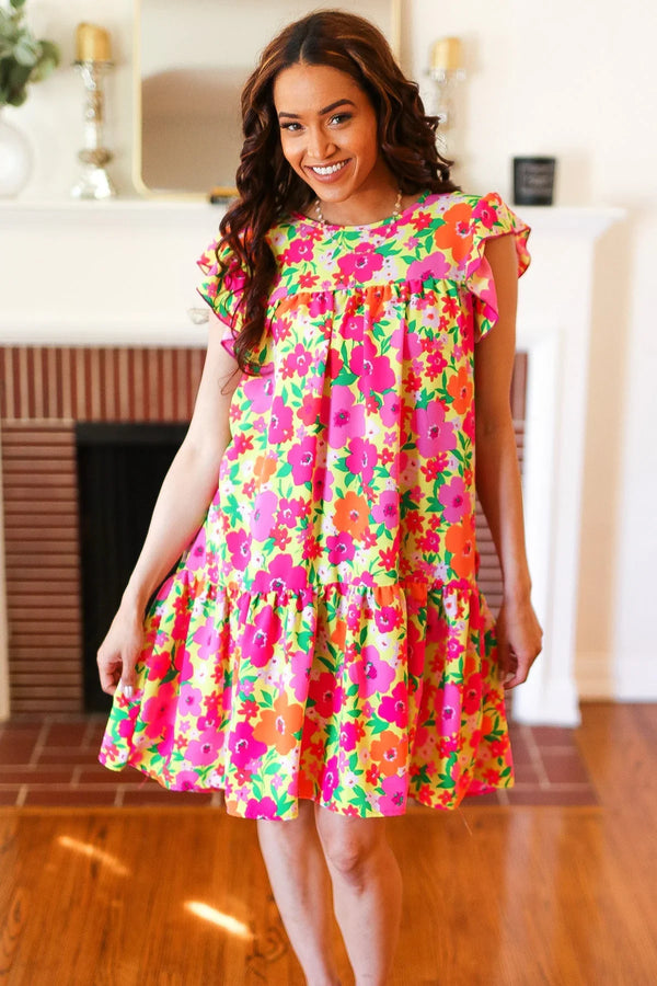 Be Charming Lime & Pink Floral Print Tiered Ruffle Sleeve Dress - Coeur de la Mode