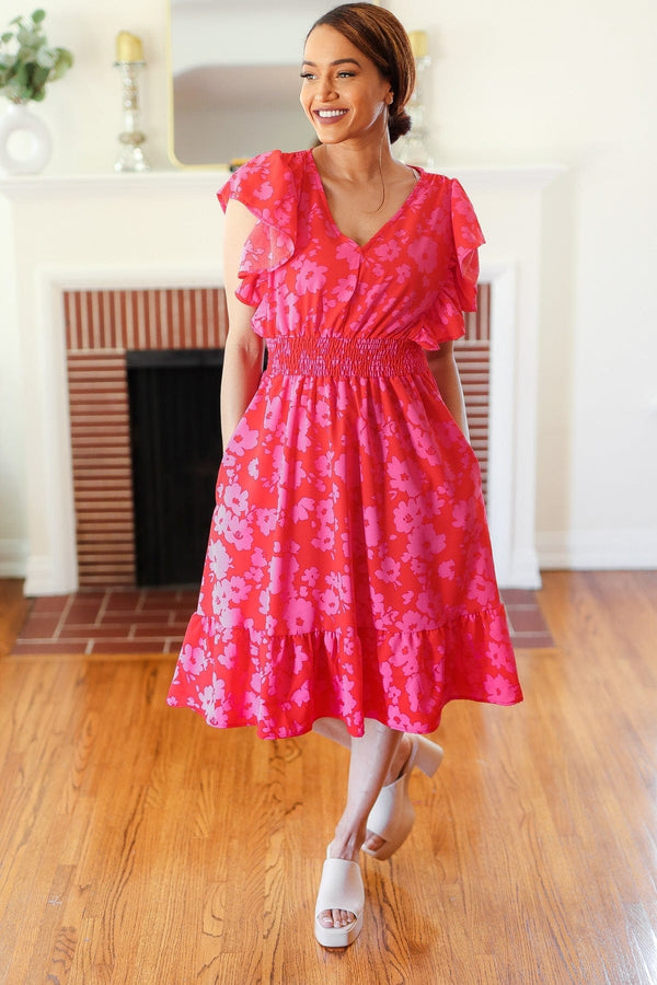 Remember Me Red & Pink Floral Print Smocked Waist Midi Dress - Coeur de la Mode