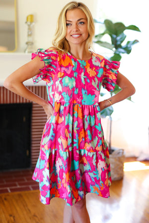 Look of Love Fuchsia Abstract Floral Print Smocked Ruffle Sleeve Dress - Coeur de la Mode