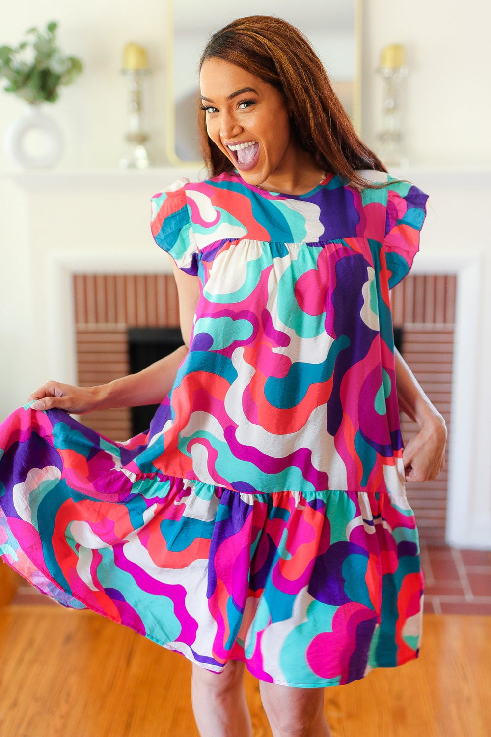 Go For Fun Fuchsia Geo Print Tiered Ruffle Sleeve Woven Dress - Coeur de la Mode