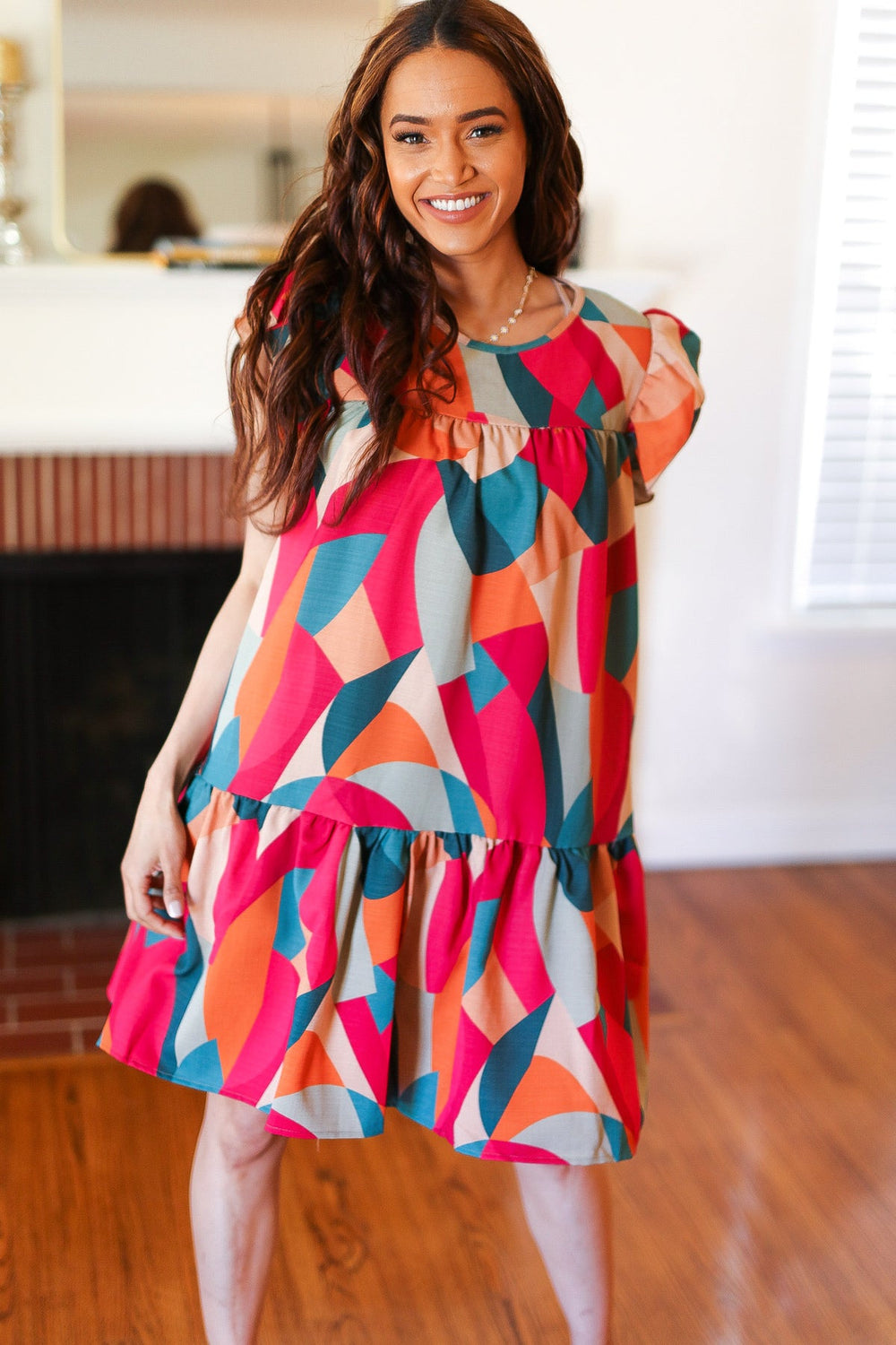 Stand Out Magenta & Teal Geometric Yoke Woven Dress - Coeur de la Mode