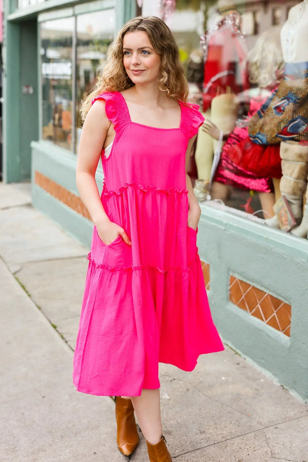 Lots To Love Fuchsia Smocked Flutter Sleeve Tiered Midi Dress - Coeur de la Mode