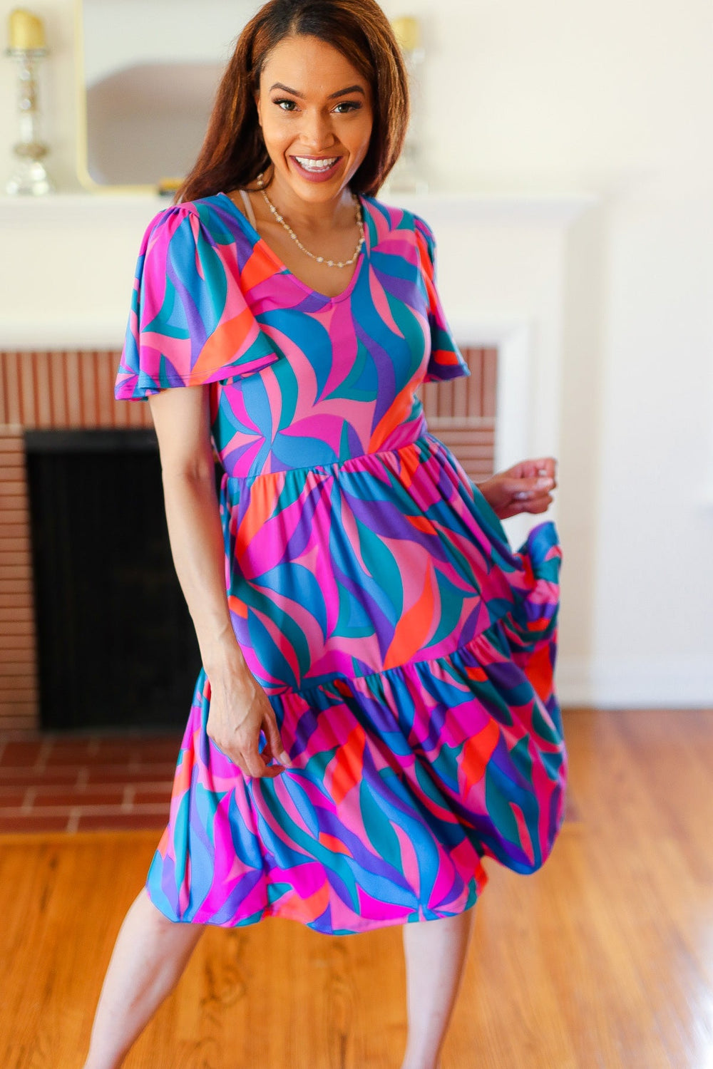 Remember Me Blue & Fuchsia Geo Print V Neck Dress - Coeur de la Mode