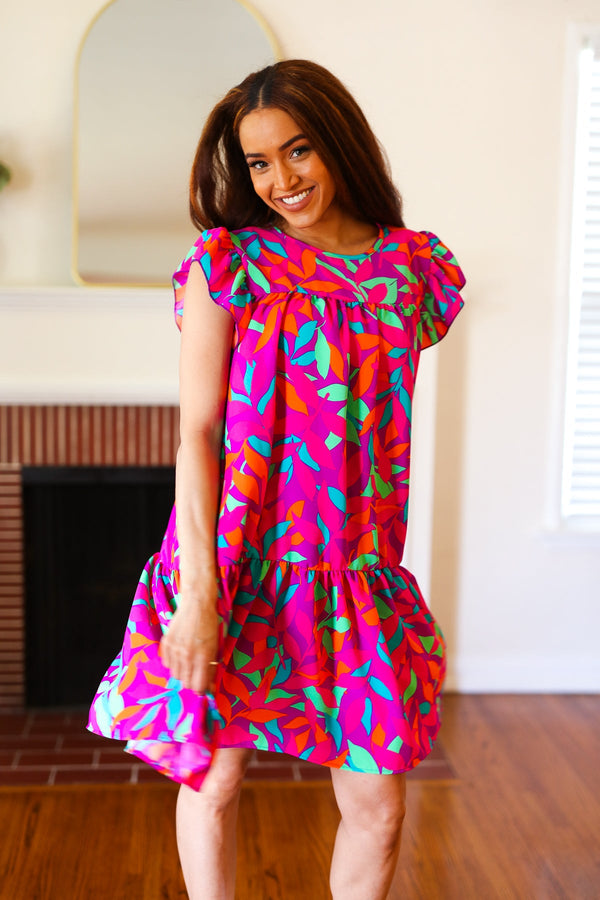 You Got This Purple Abstract Floral Print Tiered Ruffle Sleeve Dress - Coeur de la Mode