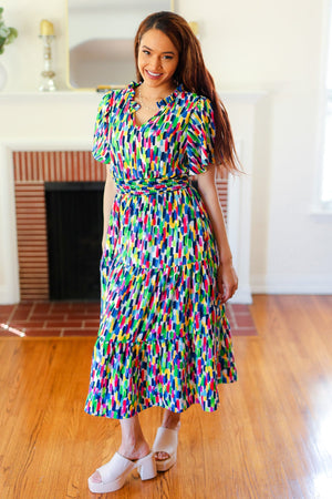 All For You Navy Multicolor Abstract Print Smocked Waist Maxi Dress - Coeur de la Mode