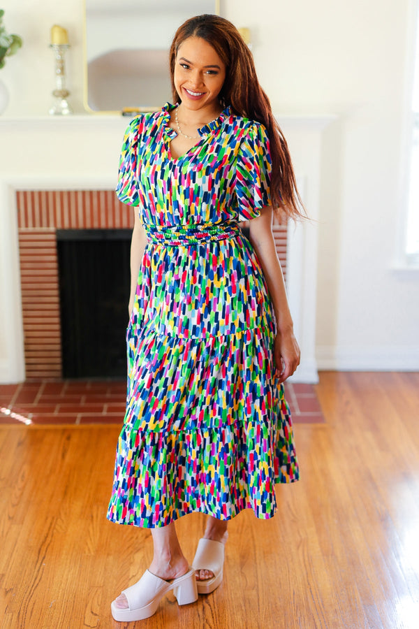 All For You Navy Multicolor Abstract Print Smocked Waist Maxi Dress - Coeur de la Mode