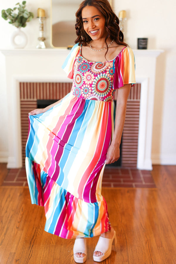 Feeling Bold Fuchsia & Teal Striped Medallion Crochet Print Dress - Coeur de la Mode