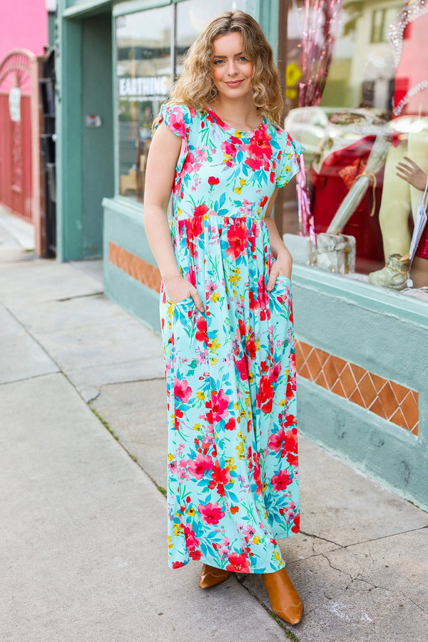 What A Vision Aqua Floral Fit & Flare Maxi Dress - Coeur de la Mode