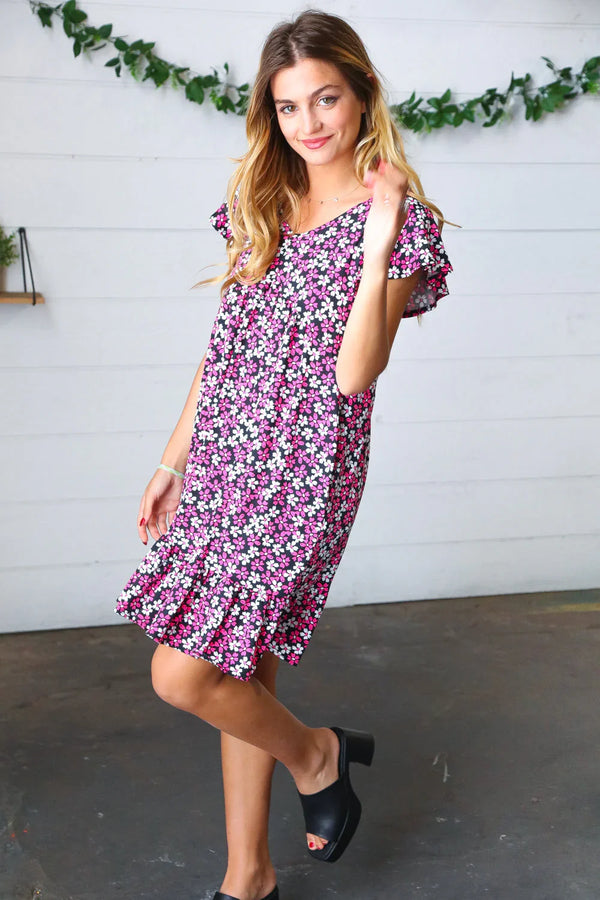 Black Multicolor Floral Babydoll Flutter Sleeve Midi Dress - Coeur de la Mode