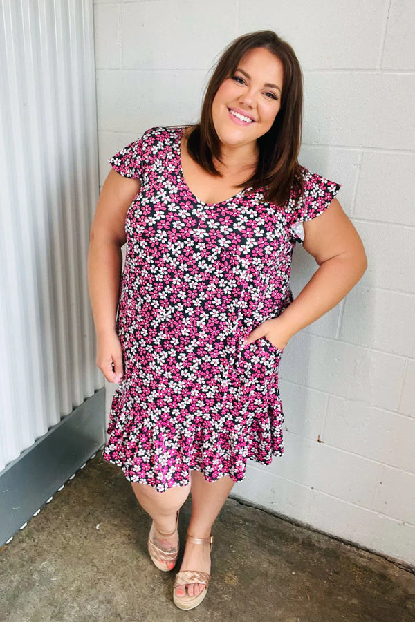 Black Multicolor Floral Babydoll Flutter Sleeve Midi Dress - Coeur de la Mode