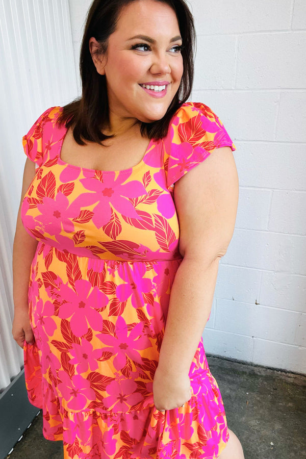 Fuchsia & Orange Tropical Floral Square Neck Dress - Coeur de la Mode