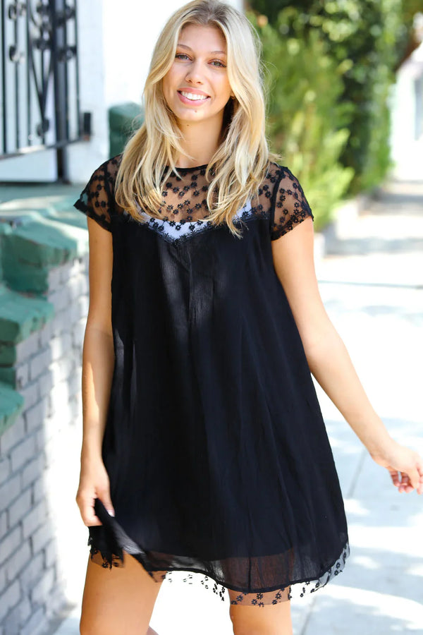 Black Embroidered Lace Yoke Fit & Flare Dress - Coeur de la Mode
