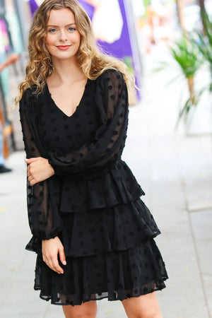 Holiday Vixen Black Chiffon Swiss Dot V Neck Tiered Ruffle Dress - Coeur de la Mode