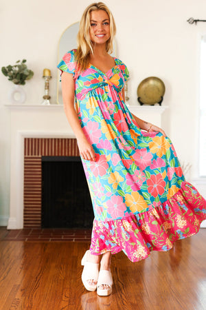 Vacay Vibes Blue Floral Print Sweetheart Twisted Neckline Maxi Dress - Coeur de la Mode
