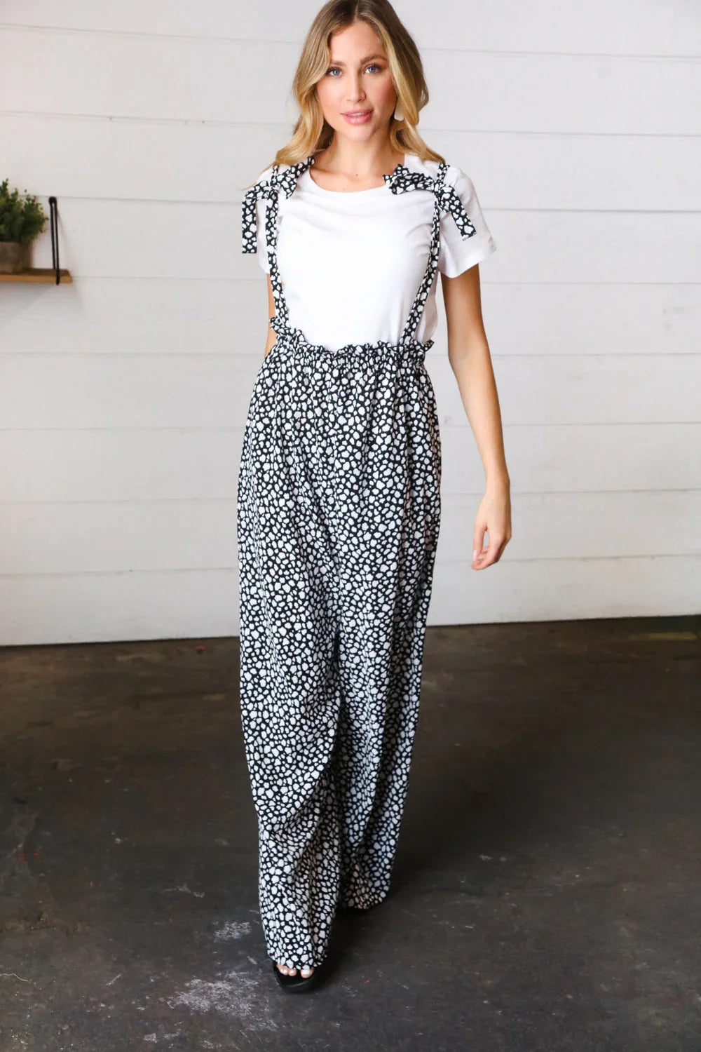 Black & White Animal Print Wide Leg Frilled Jumpsuit - Coeur de la Mode