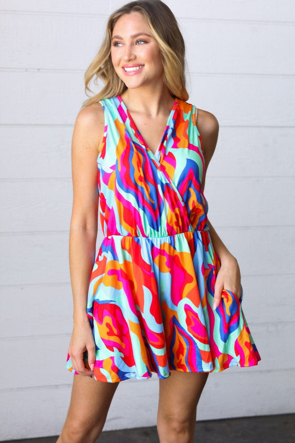 Vibrant Multicolor Abstract Sleeveless Surplice Romper - Coeur de la Mode